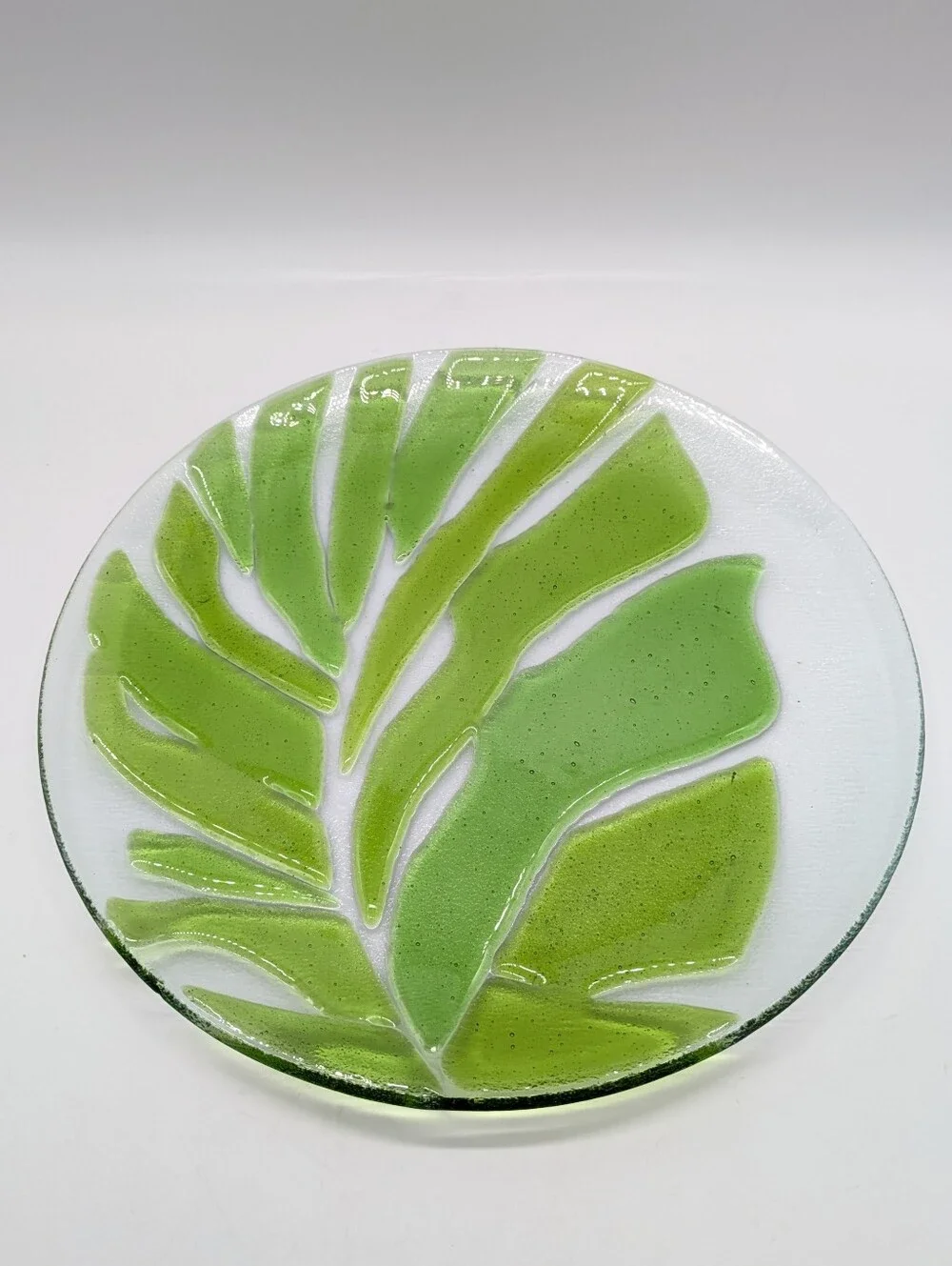 Crate & Barrel Green Monstera Clear Fused Glass Serving Plate